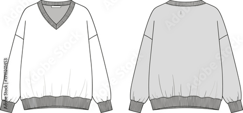 Front and back fashion flat of a casual v-neck sweatshirt with a relaxed fit and elasticated ribbed hem and cuffs