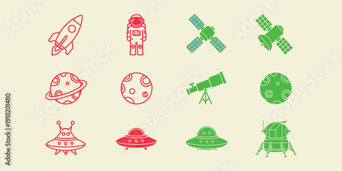 Red and green space including rockets planets and telescopes on beige astronaut