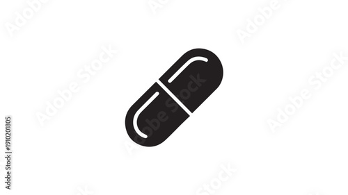 Black capsule icon in simple flat design with white highlight on transparent background for medical illustration