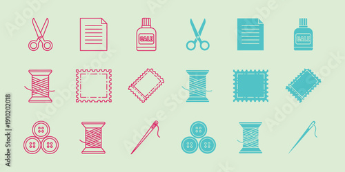 Sewing in red and blue on light green background scissors thread buttons needle