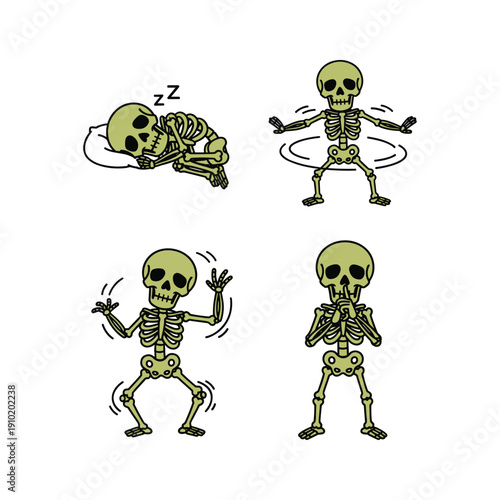 Skeleton dancing and sleeping with jump rope in a fun cartoon style