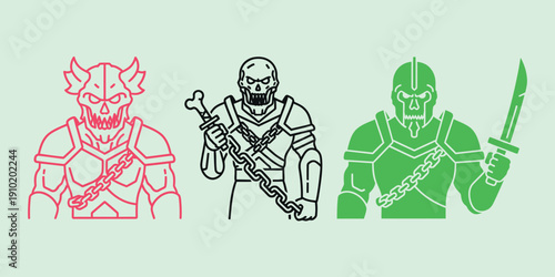 Three warrior silhouettes with chains and swords in red black and green warriors