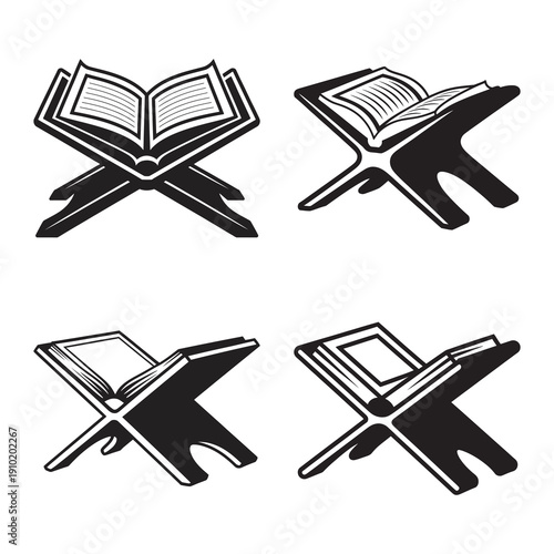 A collection of black and white vector illustrations showing an open holy book on a traditional rehal lectern from multiple perspectives