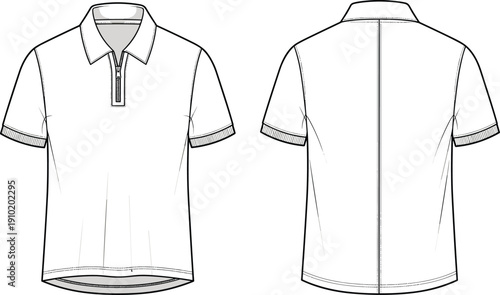 Technical flat of a short sleeve polo shirt with a quarter zip and ribbed cuffs front and back views for fashion