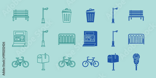 Urban infrastructure in blue and green on light blue background city street lamp post