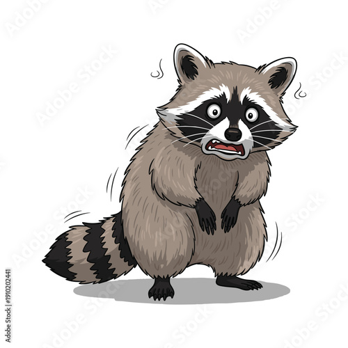 Embarrassed cartoon raccoon with hands over private parts in a humorous illustration
