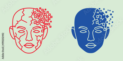 Two stylized human faces with disintegrating pixelated sections stylized faces