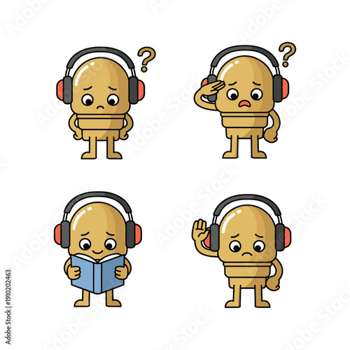Confused cartoon character with headphones in different puzzled expressions