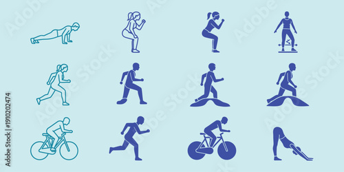 Various people exercising running cycling stretching and working out in blue exercise fitness