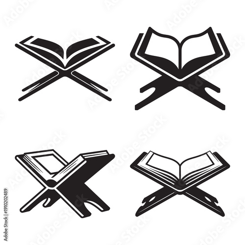 Four black and white minimalist icons of an open book resting on a rehal book stand