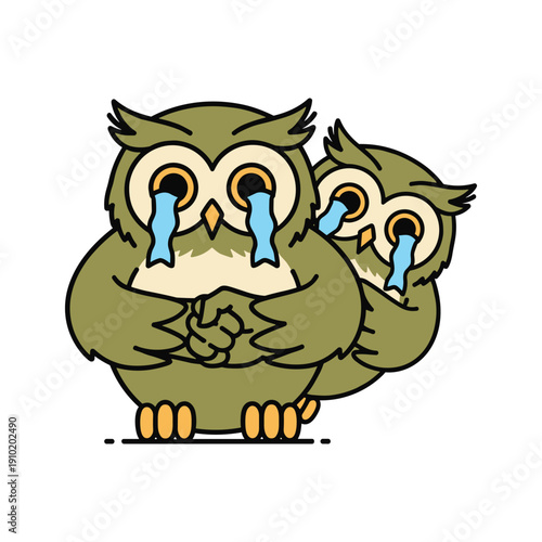 Crying cartoon owls with tears in a sad emotional state