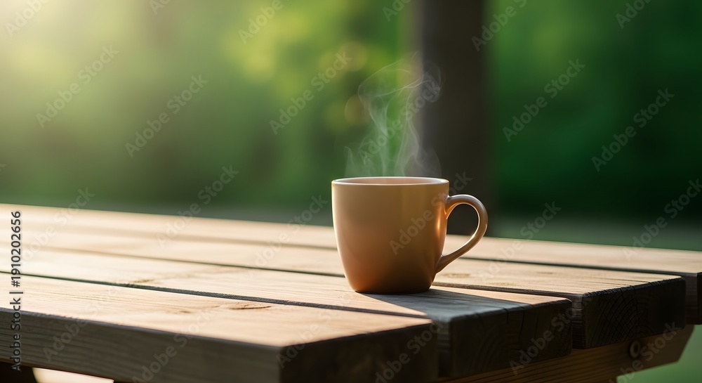 Obraz premium A warm cup of coffee steaming on a tranquil wooden table outdoors in sunlight. canecas