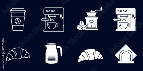 White line of coffee and bakery on dark blue background coffee cup coffee machine coffee grinder