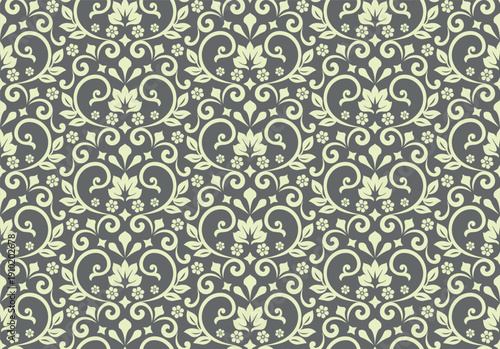 Wallpaper in the style of Baroque. Beige and gray floral ornament. Seamless vector background. Graphic pattern for fabric, wallpaper, packaging. Ornate Damask flower illustration