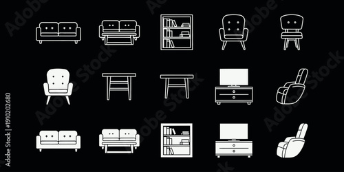 White line of furniture and home decor on black background line black background white sofa
