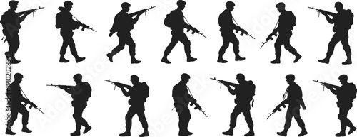 Collection of armed soldier silhouettes in patrol and combat walking poses, military infantry vector set isolated on clean background illustration