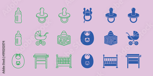 Baby in green and blue on purple background baby bottle pacifier baby block stroller crib