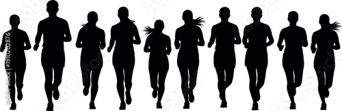 Silhouettes of runners in motion on a white background