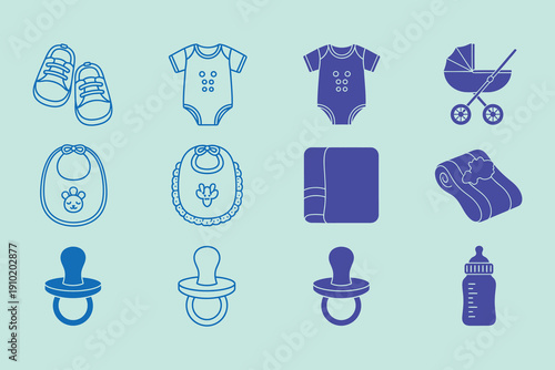 Baby in blue and purple on light green background infant onesie shoes stroller