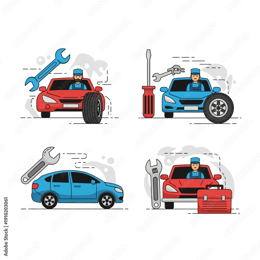 Naklejka premium Car Repair Service Icons: Mechanics Fixing Cars with Tools