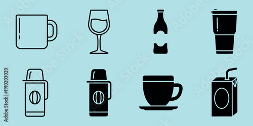 Black and cyan of coffee cups juice boxes and bottles on cyan