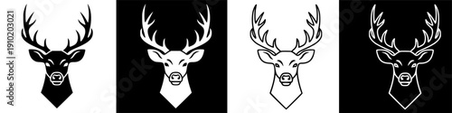 Stylized deer head illustrations, simple graphic design of majestic antlered stags for emblems.