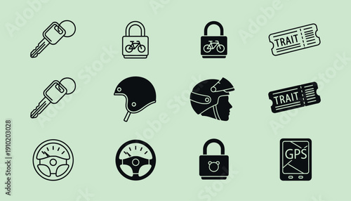 Black and green of keys helmets locks tickets and G P S on mint background bicycle lock padlock