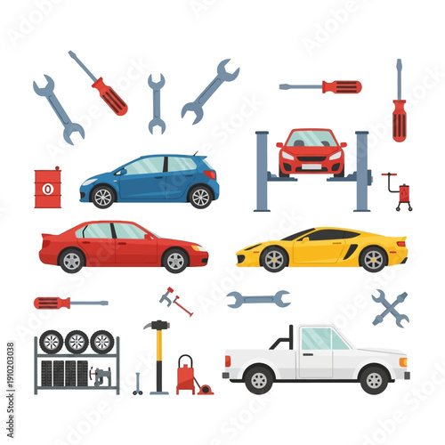 Car Repair and Maintenance Tools, Vehicles, and Equipment Set