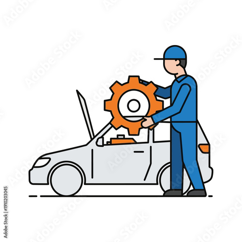 Mechanic installing a large gear into a car engine, auto repair concept