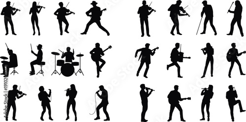 Set of diverse musician silhouettes playing instruments and singing isolated on white background, live concert band performance, dynamic entertainment poses