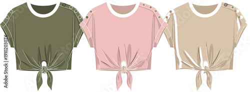 Three Short Sleeve Tie Front Tops in Olive Green, Pink, and Beige with Button Shoulder Detail t-shirt