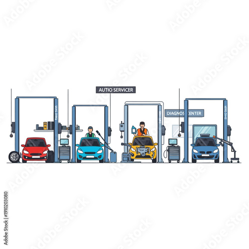 Car Repair Service: Mechanics Working on Cars in Auto Service Center