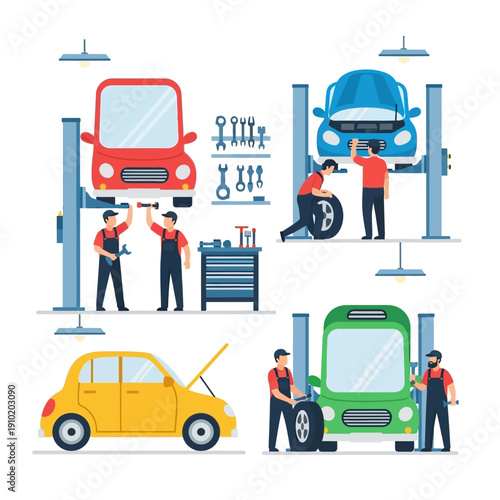 Car Repair Service: Mechanics Fixing Vehicles on Lifts and Floor