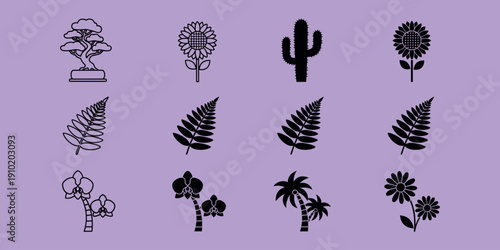 Black and purple botanical of plants and flowers tree cactus leaf