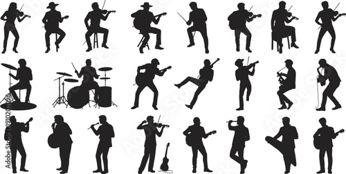 Set of diverse musician silhouettes playing instruments isolated on white background, live concert performance, music band entertainment, dynamic artistic poses collection