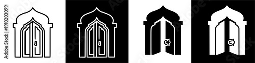Stylized Ornate Archway and Opening Door Icons, Minimalist Vector Illustration