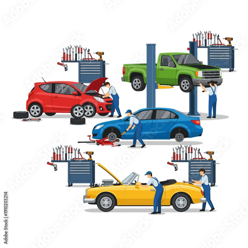 Car Repair Shop Scene: Mechanics Working on Various Vehicles on Lifts and Floor