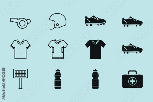 Black and teal sports equipment on light blue background