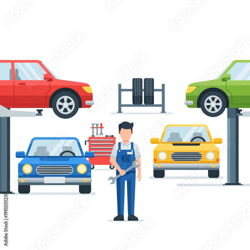 Car mechanic with cars on lifts and tools in auto repair shop
