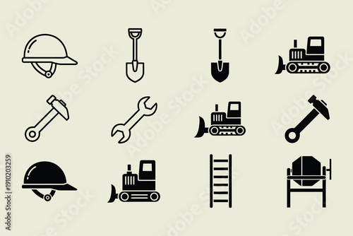 Black and white construction including hard hats bulldozers shovels tools