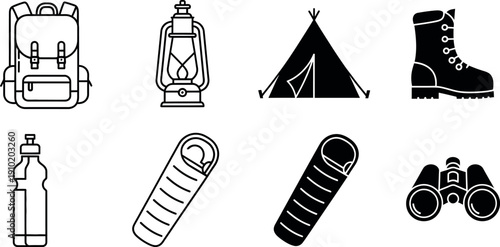 Black and white camping including backpack lantern tent boot water bottle sleeping bags binoculars