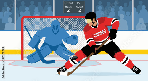 Ice Hockey Player Defending Goal
Flat vector illustration of an ice hockey defense player blocking a shot in front of the goal. Goalie silhouette behind, puck visible. 
