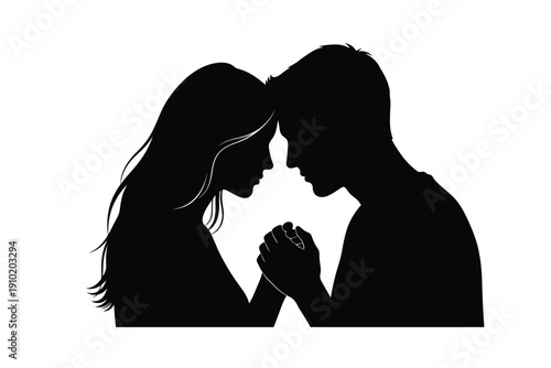 Couple in love silhouette with tender moment in black profile on white background for romantic greeting card