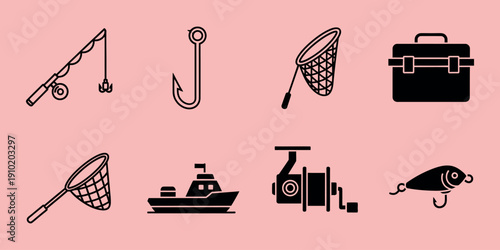 Black and white fishing on pink background fishing rod hook tackle box
