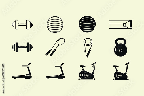 Black and white gym equipment on beige background fitness exercise machines dumbbells jump ropes