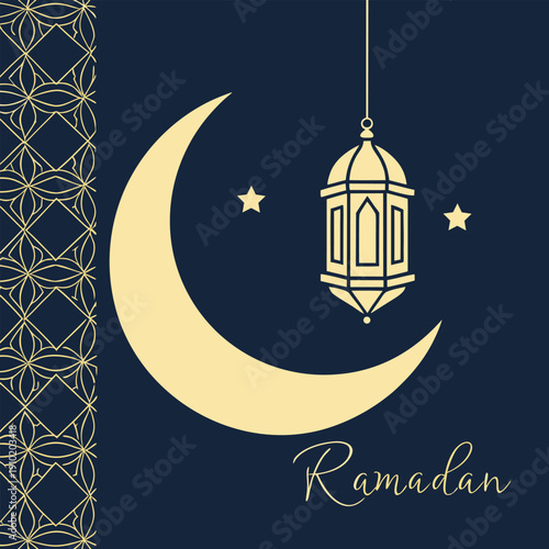 Elegant Minimal Ramadan Kareem Crescent Moon and Lantern Vector Line Art Icon