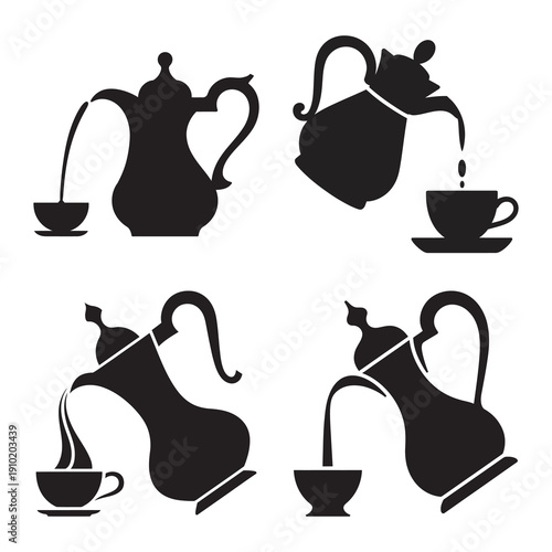 Four black silhouette icons showing coffee and tea pots pouring liquid into small cups