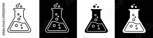 Bubbling chemical reaction in laboratory flask outline icon for scientific experiment graphics