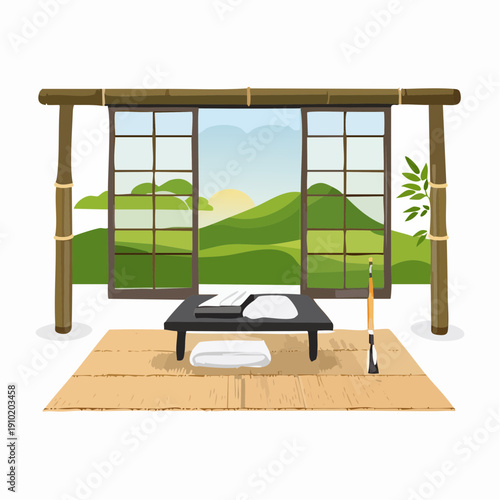 A traditional Japanese room with shoji screens, a low wooden table, calligraphy brush, ink stone, and a rolled mat.