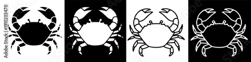 Simple vector illustrations of marine crabs; minimalist black and white aquatic creature icons.